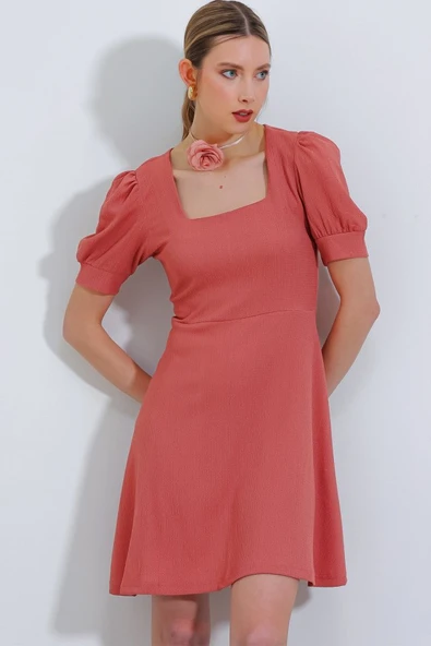 Gül Kurusu Kare Yaka Örme Mini Elbise - 2