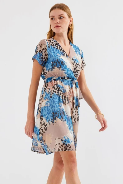 2502 Kısa Kol Desenli Şifon Elbise - Mavi - 3