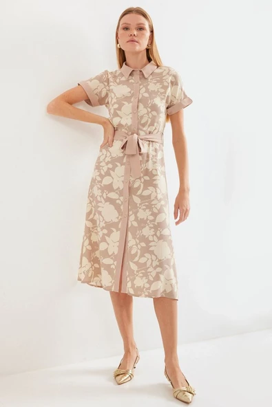 2455 Desenli Gömlek Elbise - Bej - 4