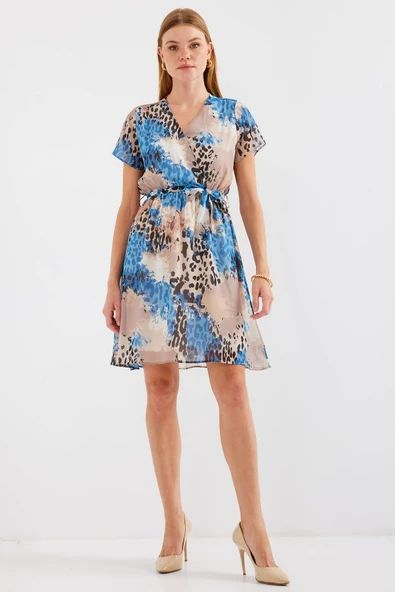 2502 Kısa Kol Desenli Şifon Elbise - Mavi - 4