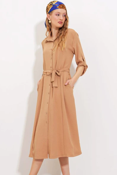 Camel Kuşaklı Gömlek Elbise 2442 - 4
