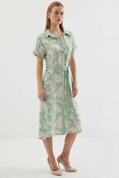 2455 Desenli Gömlek Elbise - Çağla - 3