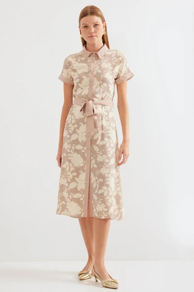 2455 Desenli Gömlek Elbise - Bej - 2