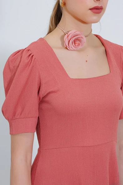 Gül Kurusu Kare Yaka Örme Mini Elbise - 4