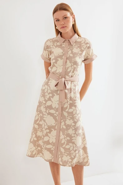 2455 Desenli Gömlek Elbise - Bej - 3