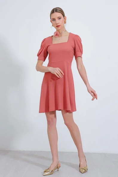 Gül Kurusu Kare Yaka Örme Mini Elbise - 3