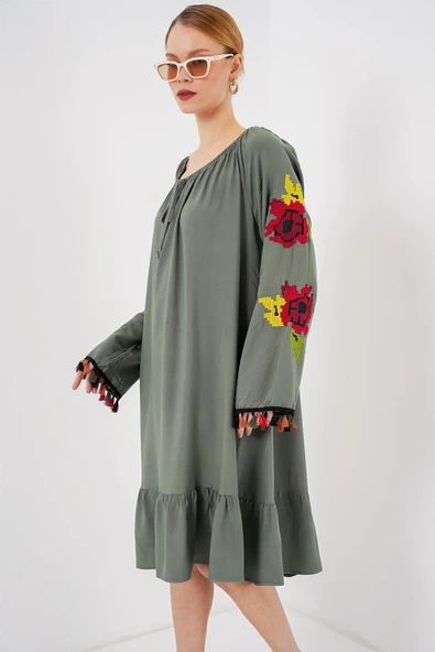 Nakışlı Midi Elbise 2531 - Haki - 3