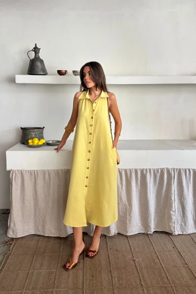 KETEN ÖNDEN DÜĞMELİ KOLSUZ GÖMLEK YAKA ELBİSE - Sarı - 4