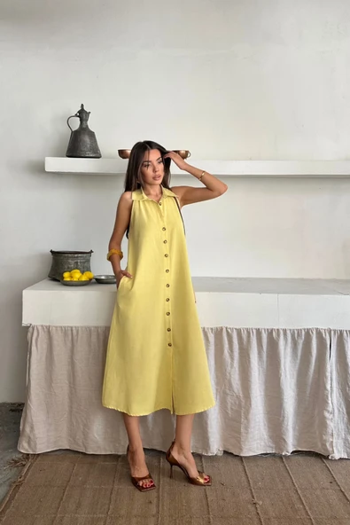 KETEN ÖNDEN DÜĞMELİ KOLSUZ GÖMLEK YAKA ELBİSE - Sarı - 3