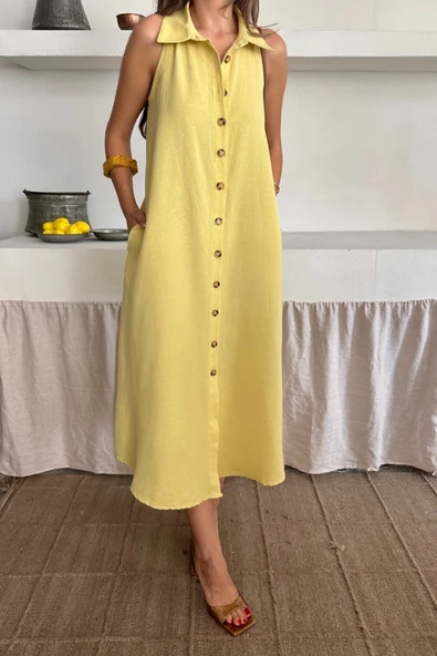 KETEN ÖNDEN DÜĞMELİ KOLSUZ GÖMLEK YAKA ELBİSE - Sarı - 2