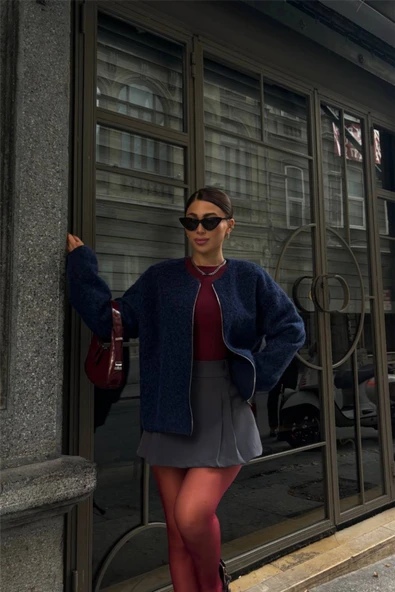 KAŞE FERMUARLI BLUZ - Lacivert