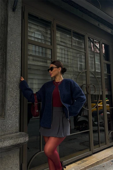 KAŞE FERMUARLI BLUZ - Lacivert - 3