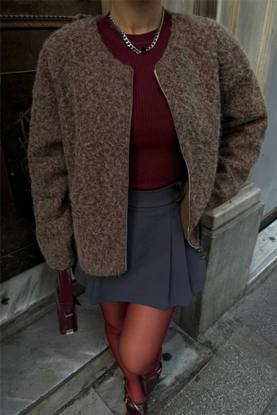 KAŞE FERMUARLI BLUZ - Kahverengi - 3