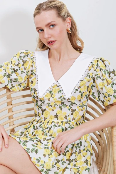2478 Çiçekli Mini Elbise - Sarı - 3