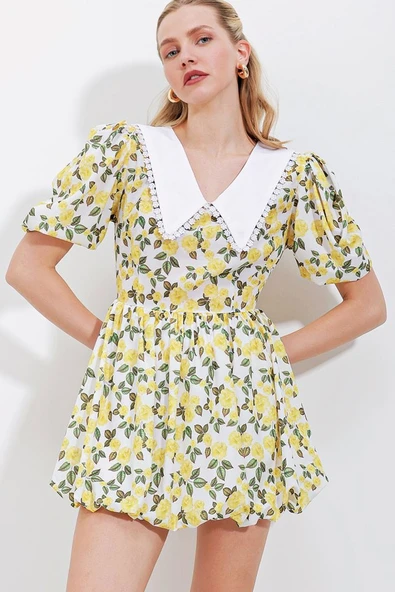 2478 Çiçekli Mini Elbise - Sarı - 2