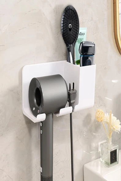 Banyo Rafı Sabunluk Diş Fırçası Saç Kurutma Makinesi Organizer – Duvara Monte, Beyaz Renk - 2
