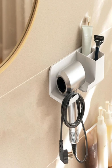 Banyo Rafı Sabunluk Diş Fırçası Saç Kurutma Makinesi Organizer – Duvara Monte, Beyaz Renk - 4