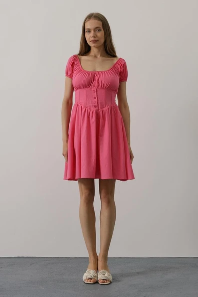 Beli Korseli Mini Elbise - Fuşya - 2