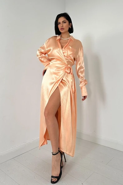 Somon Kuşaklı Gömlek Elbise