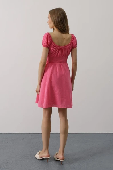 Beli Korseli Mini Elbise - Fuşya - 4