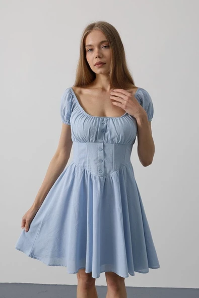 Beli Korseli Mini Elbise - Bebe Mavisi - 4
