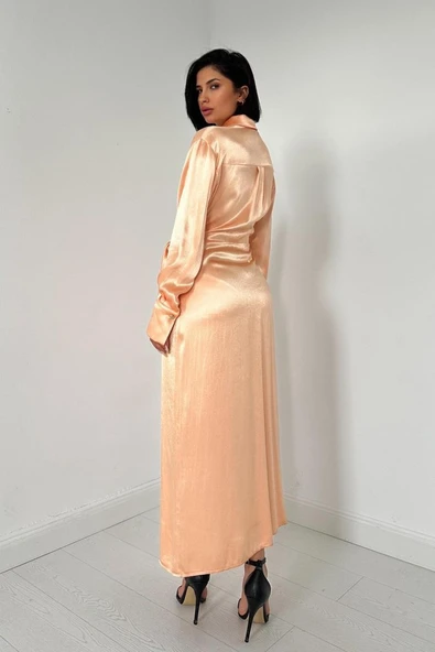 Somon Kuşaklı Gömlek Elbise - 4