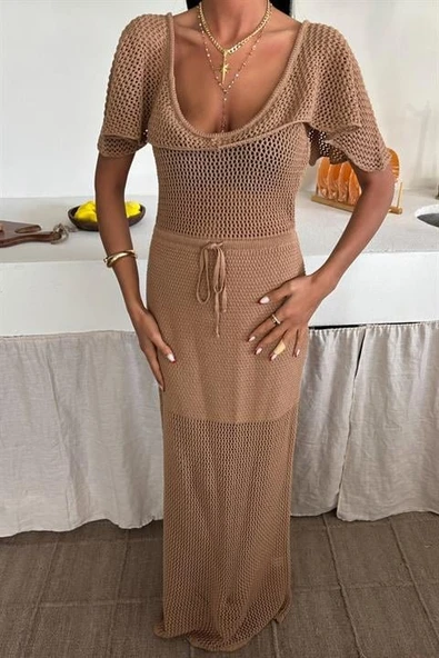 Derin Yakalı Ve File Detaylı Triko Elbise 2867 - 5