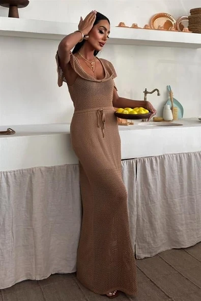 Derin Yakalı Ve File Detaylı Triko Elbise 2867 - 8