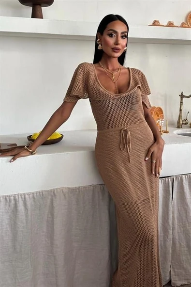 Derin Yakalı Ve File Detaylı Triko Elbise 2867 - 2