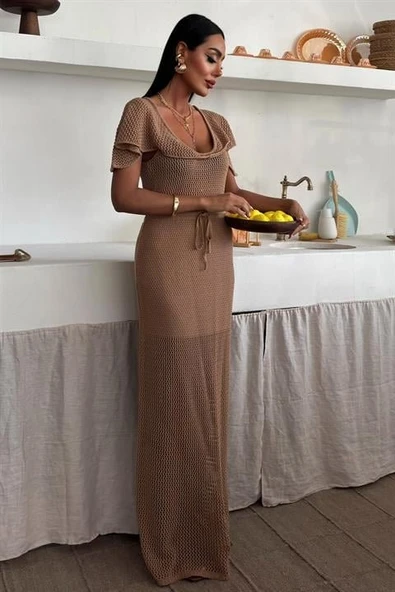 Derin Yakalı Ve File Detaylı Triko Elbise 2867 - 7