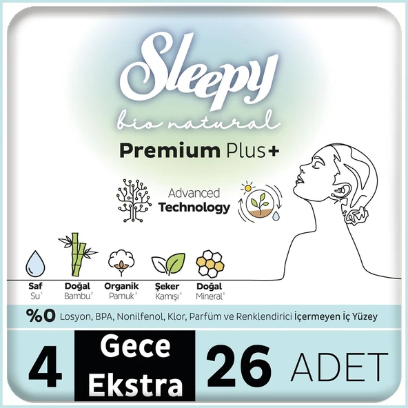 Sleepy Bio Natural Premium Plus Hijyenik Ped Mega Paket Gece Extra 26x6 156 Adet ürün görseli