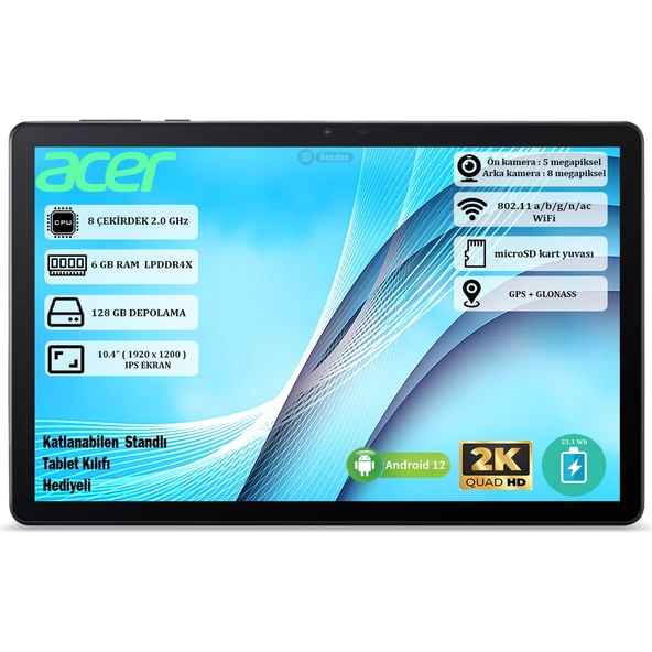 Iconia Tab P10 6 GB Ram 128 GB Depolama 10.4" 2K (2000 x 1200) IPS Android Tablet NT.LG1EY.001 + Kılıf