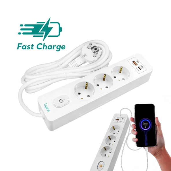 Byes BY80-140 USB Hızlı Şarjlı 3'lü Anahtarlı 2 Metre Kablolu Topraklı Priz | 20W PD QC Destekli