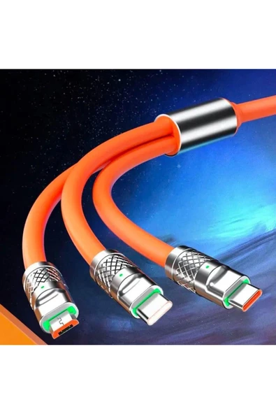 3 in 1 Type-C + Micro Usb + Lightning Hızlı Şarj Kablosu Silikon Kablo 1 Metre Opp Ambalaj