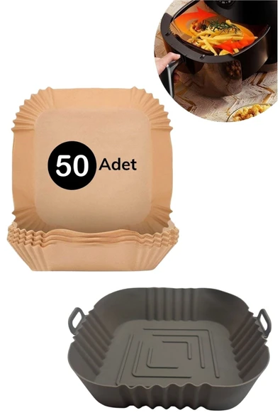Isıya Dayanıklı Silikon Airfryer Gri Kare Pişirme Matı 20 Cm Ve 50 Adet Pişirme Kağıdı