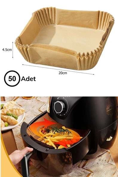 Isıya Dayanıklı Silikon Airfryer Gri Kare Pişirme Matı 20 Cm Ve 50 Adet Pişirme Kağıdı - 5
