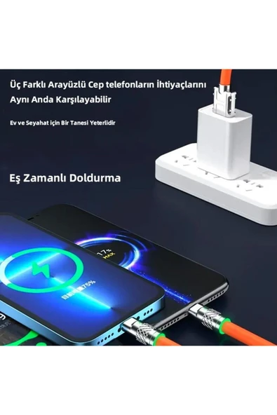 3 in 1 Type-C + Micro Usb + Lightning Hızlı Şarj Kablosu Silikon Kablo 1 Metre Opp Ambalaj - 4