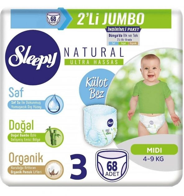 Sleepy Natural Külot Bez 2Li Jumbo 3 Beden 4-9 Kg 68 Adet