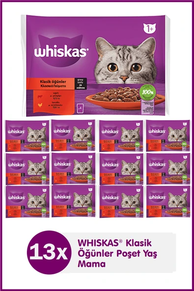 Whiskas Klasik Öğünler Sığırlı Tavuklu Yetişkin Yaş Kedi Maması (4X85 gr) x 13 Adet - 1