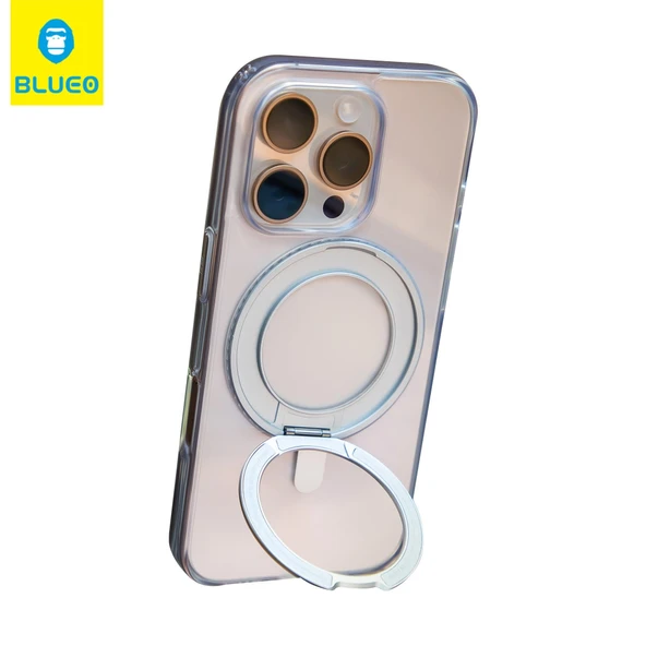 BLUEOB Crystal With 360 Rotatable iPhone 16 Kristal Sararmaya Dayanıklı MagSafe Stand Özellikli Anti-Drop Şeffaf Silikon Kılıf