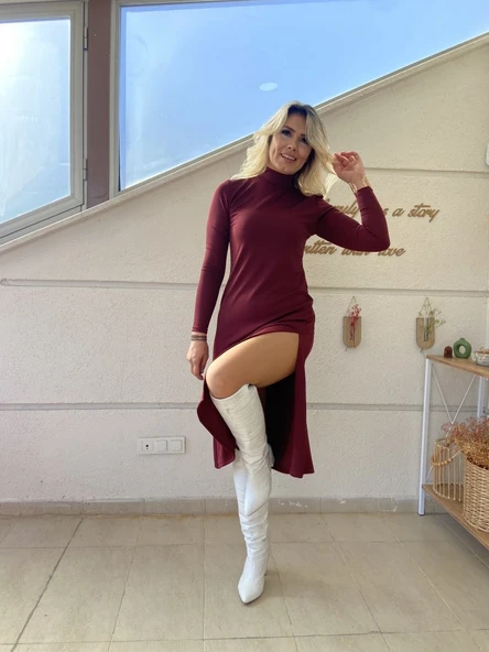 Kadın Uzun Kollu Balıkçı Yaka Derin Yırtmaç Detay Krep Elbise - 8