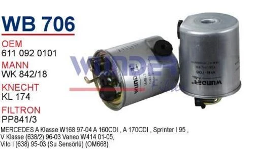 Wunder WB706 Mazot Filtresi Sprinter 00-06 Vito 110 Cdı - 1