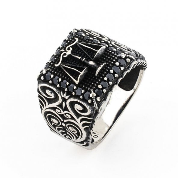 Adalet Terazi Tasarımlı Siyah Mikro Taşlı 925 Ayar Gümüş Erkek Yüzük - Resim 3