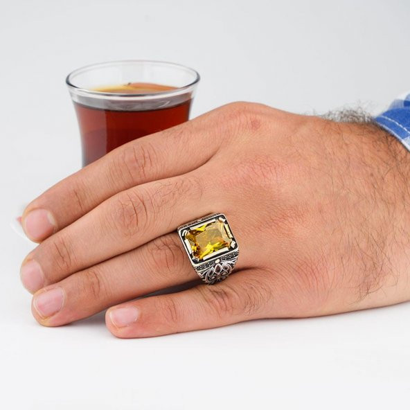 Sarı Zirkon Taşlı 925 Ayar Gümüş Erkek Yüzük - Resim 2