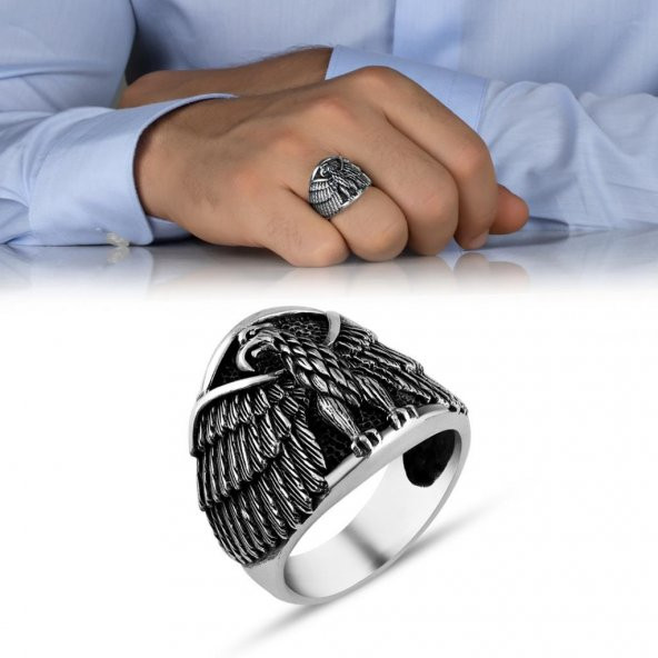 Kartal Tasarımlı 925 Ayar Gümüş Erkek Yüzük - Resim 4