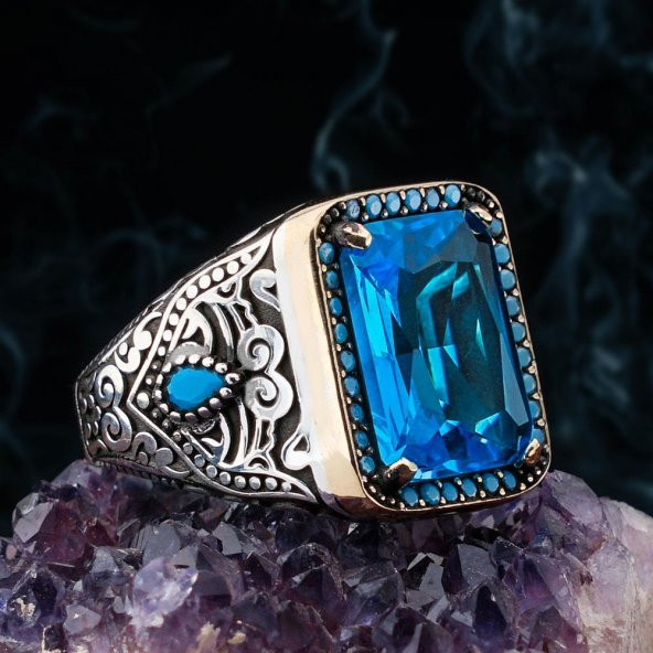 Mavi Zirkon Taşlı 925 Ayar Gümüş Erkek Yüzük ürün görseli 1