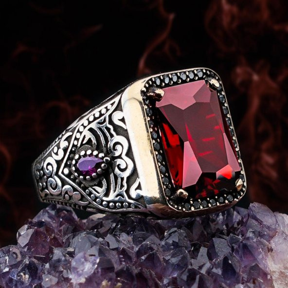 Kırmızı Zirkon Taşlı 925 Ayar Gümüş Erkek Yüzük ürün görseli 1