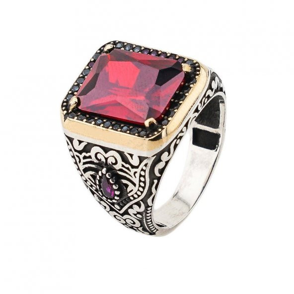 Kırmızı Zirkon Taşlı 925 Ayar Gümüş Erkek Yüzük - Resim 3