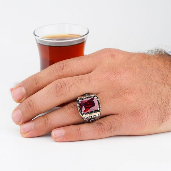 Kırmızı Zirkon Taşlı 925 Ayar Gümüş Erkek Yüzük - Resim 2