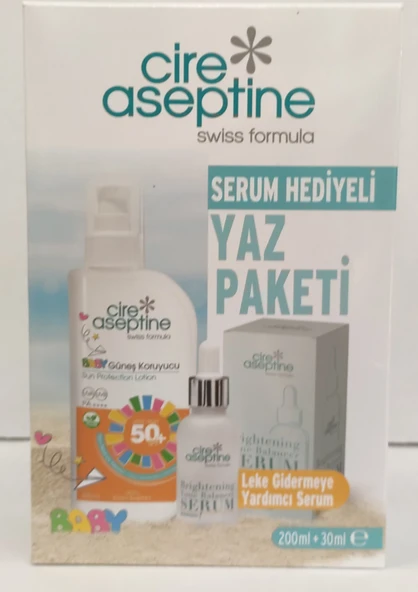 CİRE ASEPTİNE YAZ PAKETİ BABY GÜNEŞ KORUYUCU LOSYON 50+SPF 200ML+ LEKE GİDERMEYE YARDIMCI  SERUM 30ML ürün görseli 1